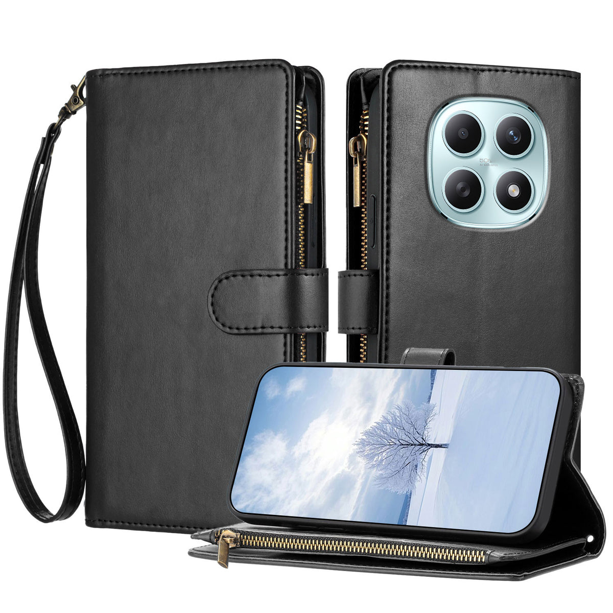 For Xiaomi Poco M8 5G / Redmi Note 15 5G (Global) / 15 4G (Global) Leather Case Zipper Wallet Stand Shockproof Phone Cover with Wrist Strap