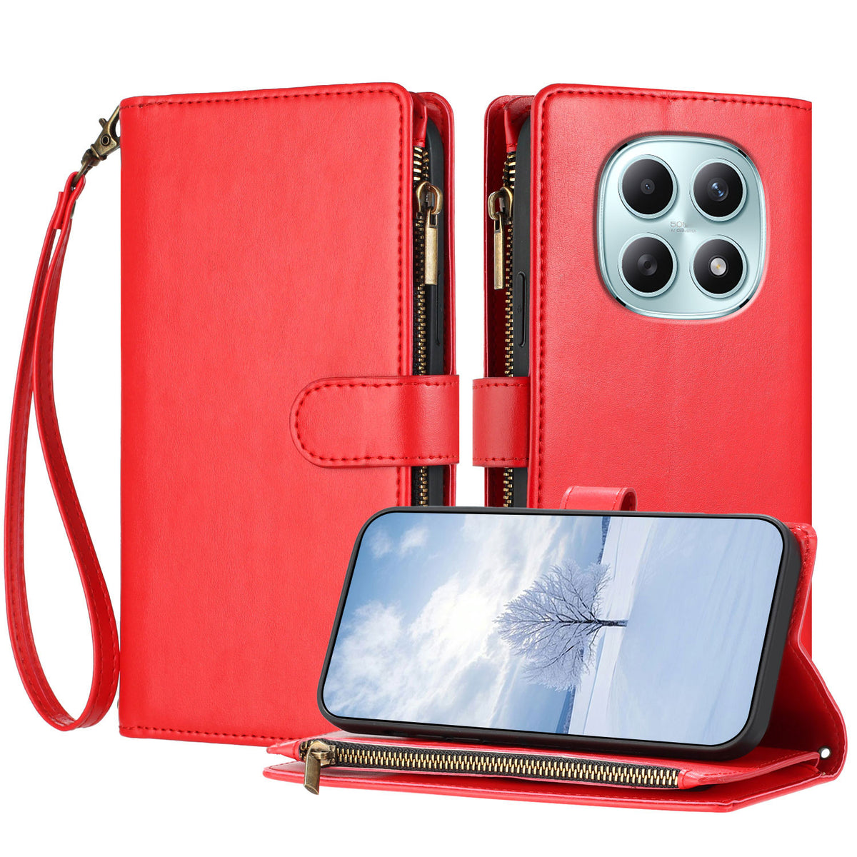 For Xiaomi Poco M8 5G / Redmi Note 15 5G (Global) / 15 4G (Global) Leather Case Zipper Wallet Stand Shockproof Phone Cover with Wrist Strap