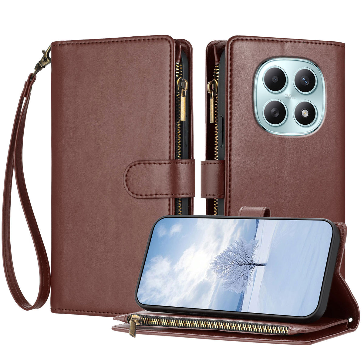For Xiaomi Poco M8 5G / Redmi Note 15 5G (Global) / 15 4G (Global) Leather Case Zipper Wallet Stand Shockproof Phone Cover with Wrist Strap