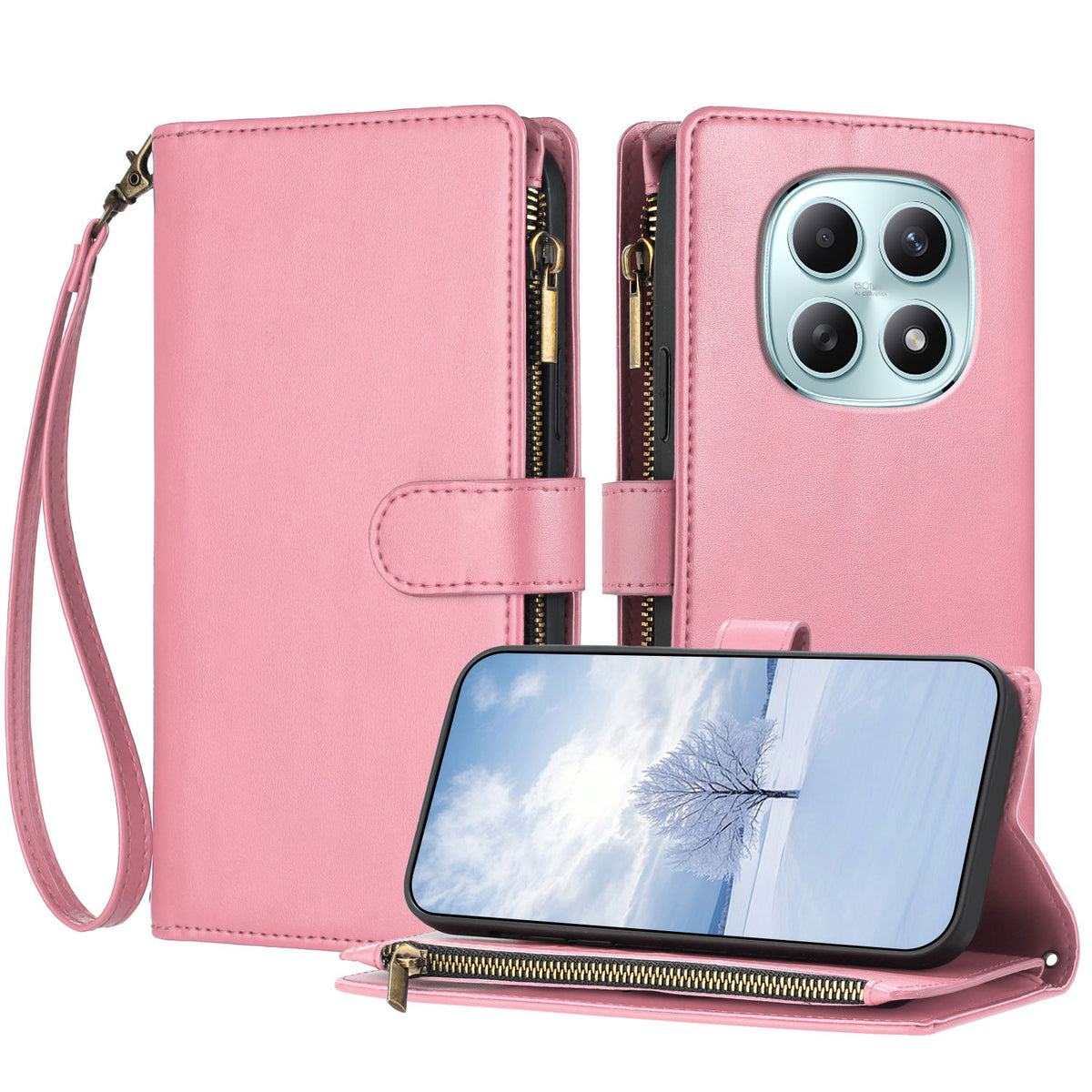 For Xiaomi Poco M8 5G / Redmi Note 15 5G (Global) / 15 4G (Global) Leather Case Zipper Wallet Stand Shockproof Phone Cover with Wrist Strap