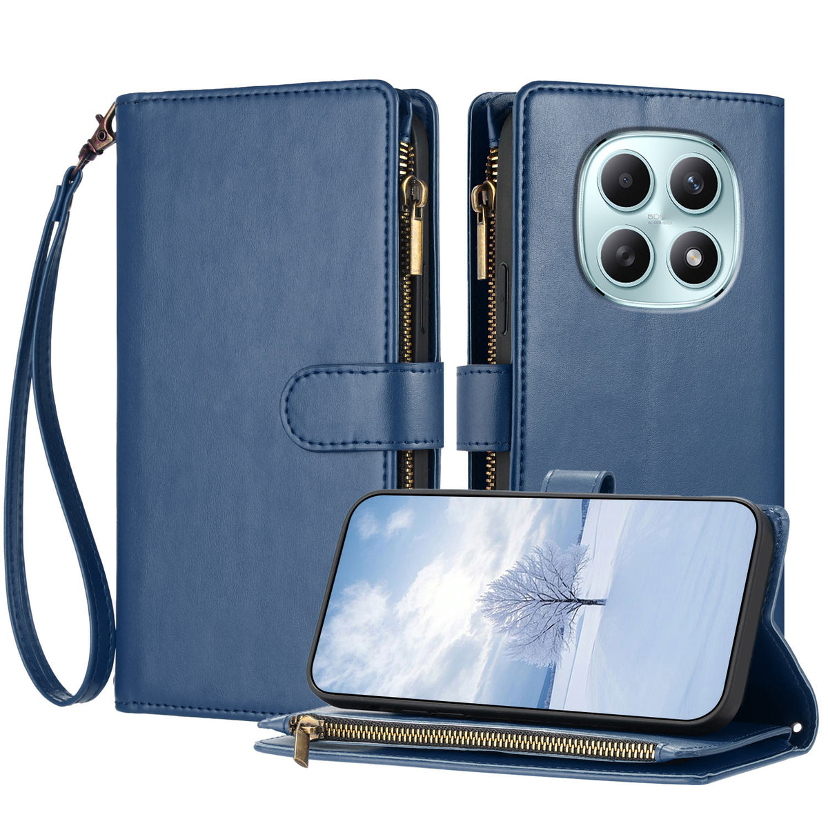 For Xiaomi Poco M8 5G / Redmi Note 15 5G (Global) / 15 4G (Global) Leather Case Zipper Wallet Stand Shockproof Phone Cover with Wrist Strap