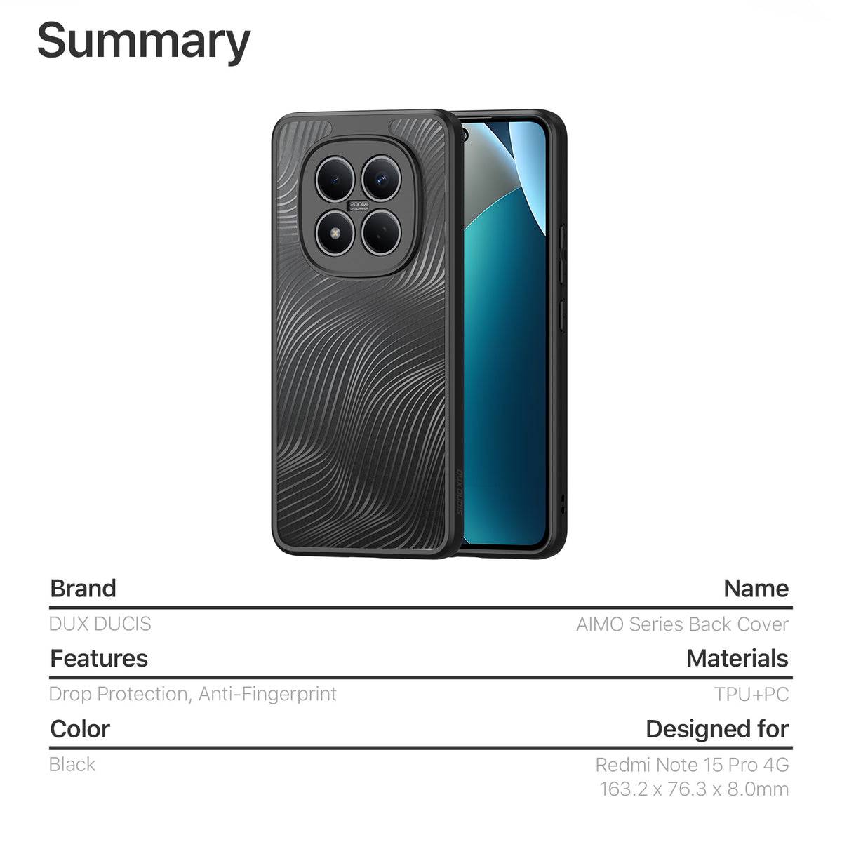 DUX DUCIS För Xiaomi Redmi Note 15 Pro 4G (Global) Skal Aimo Series TPU+PC Matt Stoppsäkert mobilskal (REACH-certifiering)