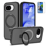 For Google Pixel 10a Magnetic Case Matte Liquid Silicone TPU Shockproof Phone Cover with Kickastand and Tempered Glass