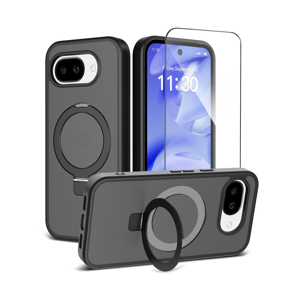 For Google Pixel 10a Magnetic Case Matte Liquid Silicone TPU Shockproof Phone Cover with Kickastand and Tempered Glass