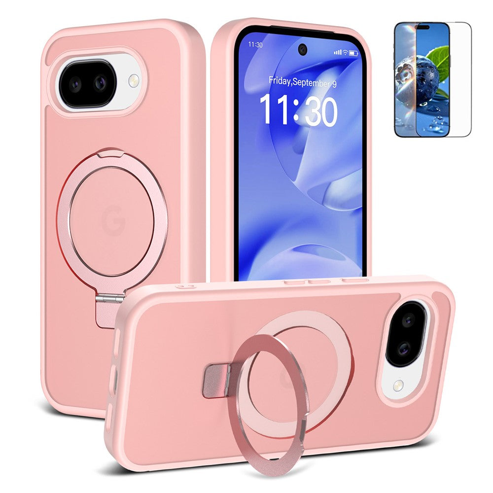 For Google Pixel 10a Magnetic Case Matte Liquid Silicone TPU Shockproof Phone Cover with Kickastand and Tempered Glass