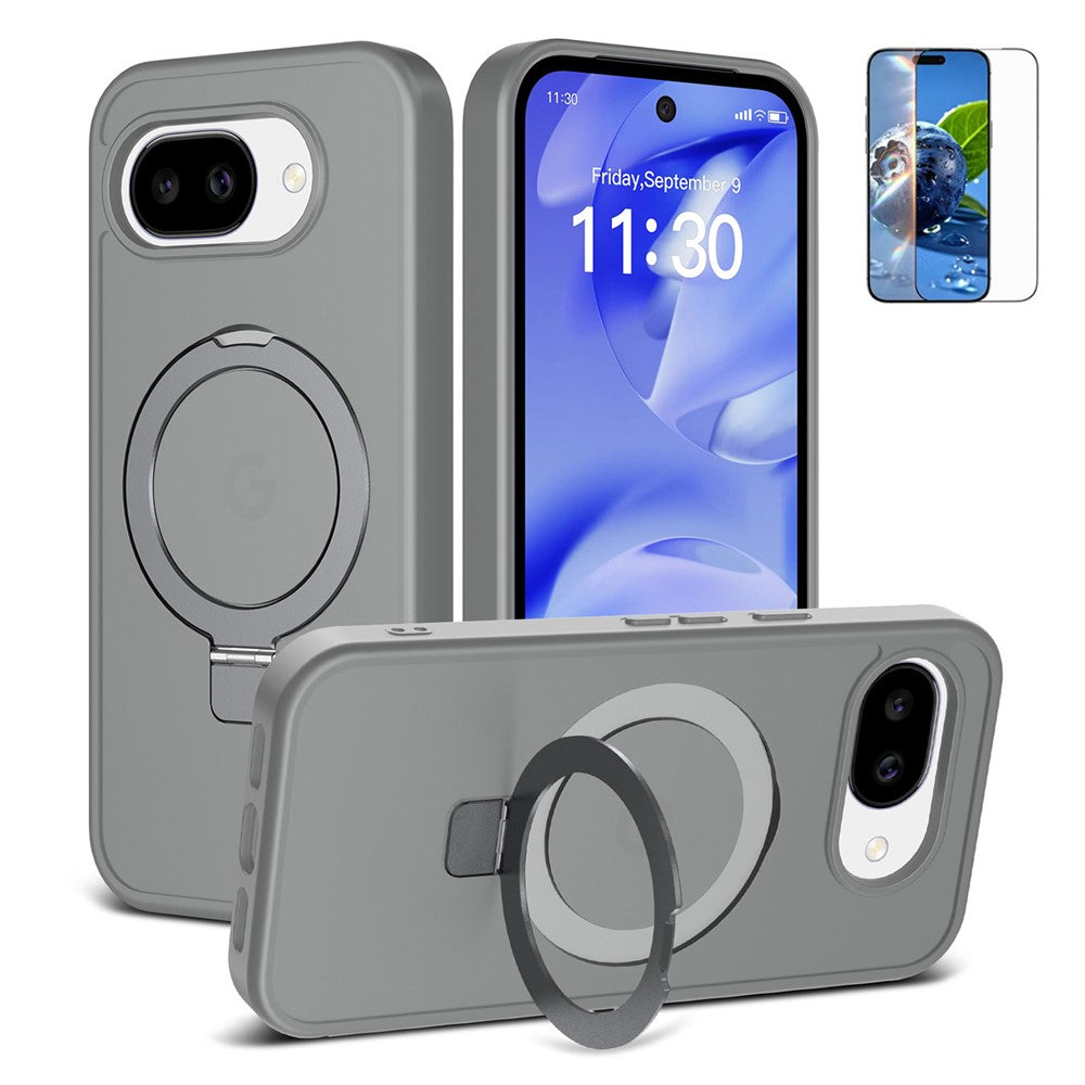 For Google Pixel 10a Magnetic Case Matte Liquid Silicone TPU Shockproof Phone Cover with Kickastand and Tempered Glass