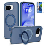 For Google Pixel 10a Magnetic Case Matte Liquid Silicone TPU Shockproof Phone Cover with Kickastand and Tempered Glass