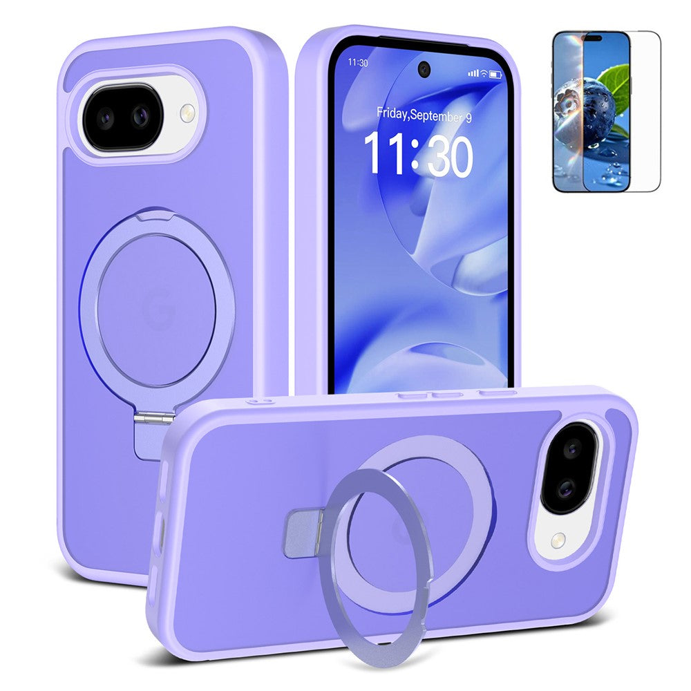 For Google Pixel 10a Magnetic Case Matte Liquid Silicone TPU Shockproof Phone Cover with Kickastand and Tempered Glass