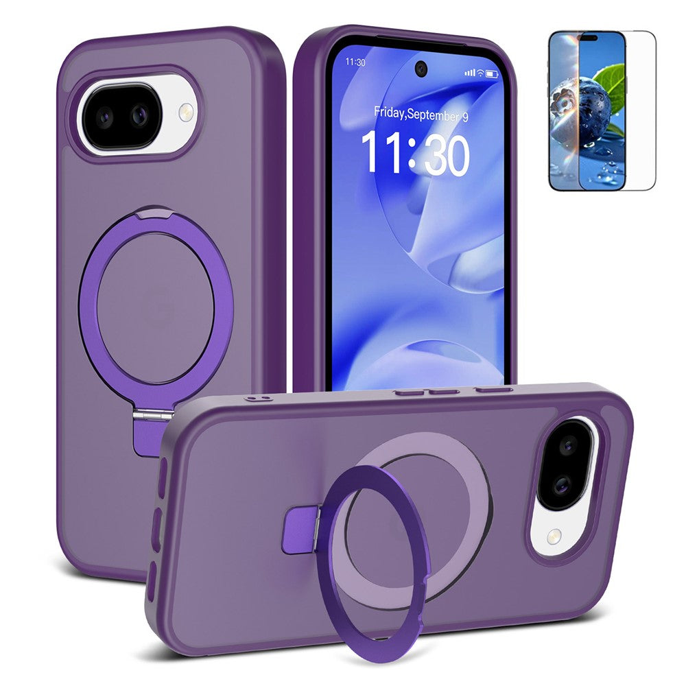 For Google Pixel 10a Magnetic Case Matte Liquid Silicone TPU Shockproof Phone Cover with Kickastand and Tempered Glass