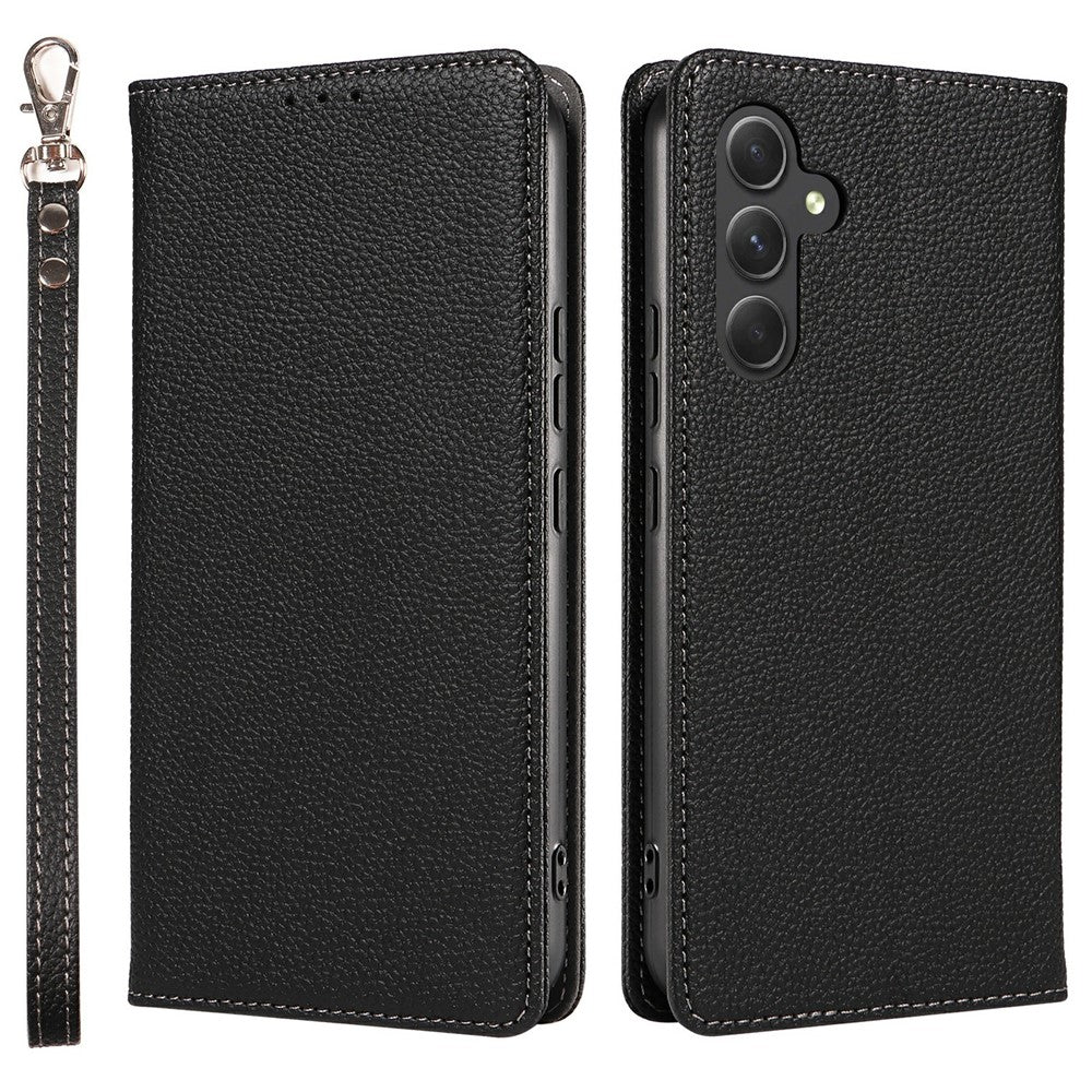 For Samsung Galaxy A57 5G Case Magnetic Litchi Texture Wallet Leather Phone Cover with Wrist Strap