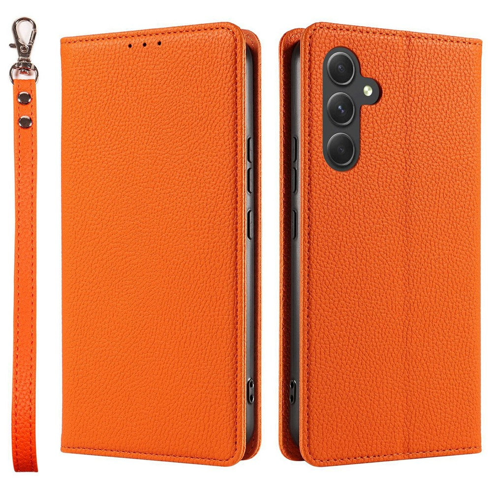 For Samsung Galaxy A57 5G Case Magnetic Litchi Texture Wallet Leather Phone Cover with Wrist Strap