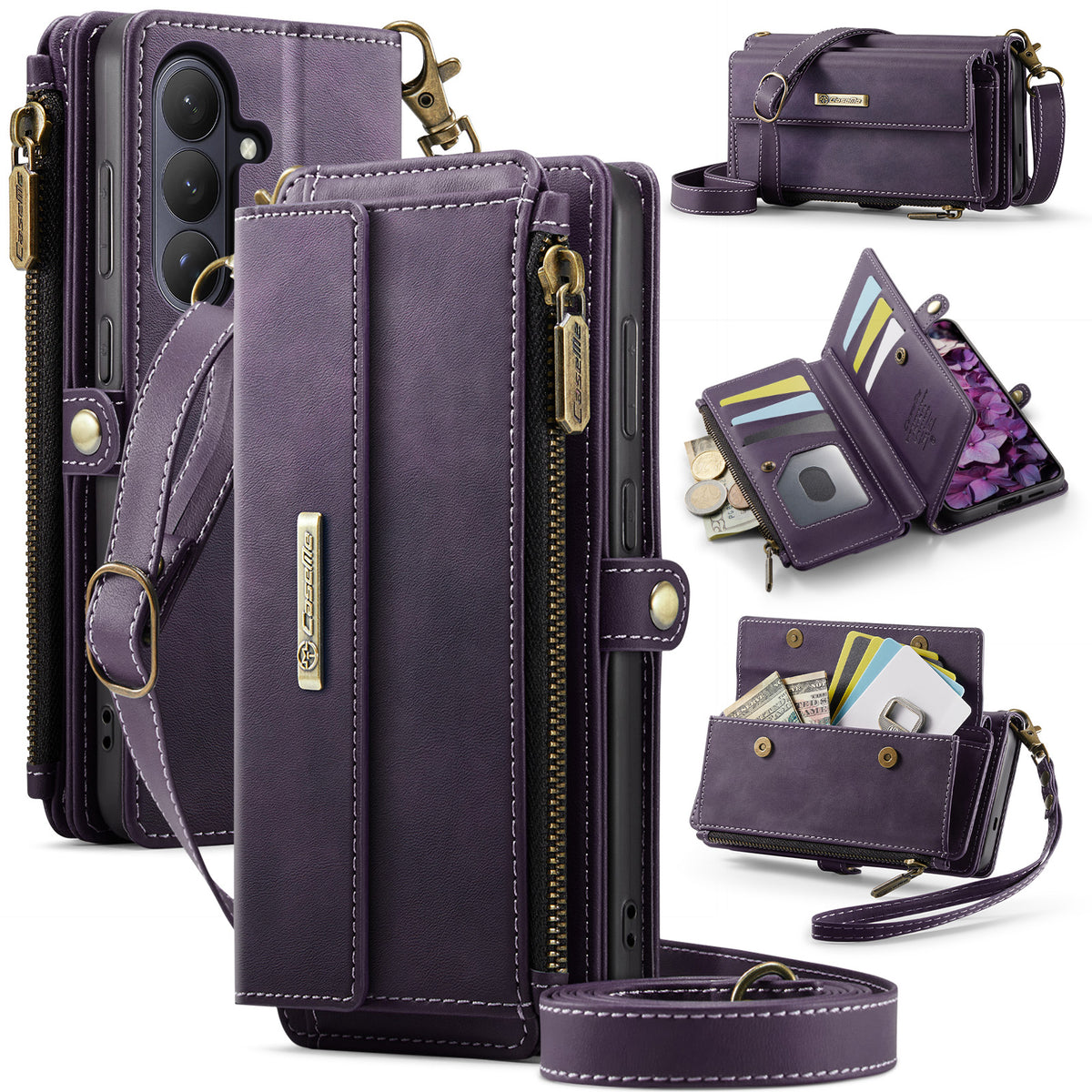 CASEME For Samsung Galaxy S26 Case C39 RFID Blocking Zipper Wallet Stand Leather Cover with Strap