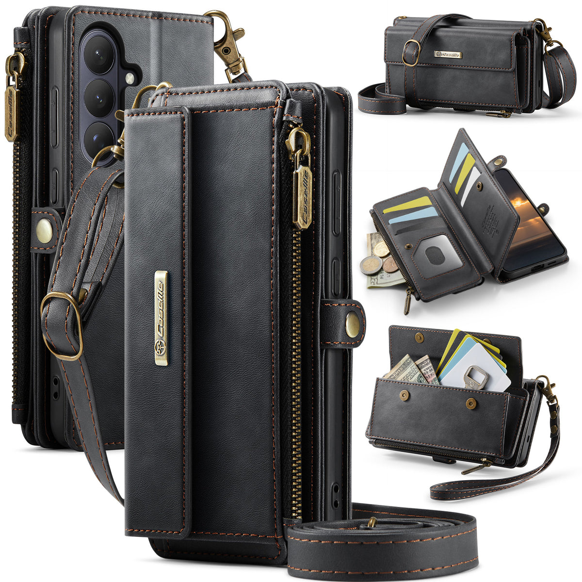 CASEME For Samsung Galaxy S26 Case C39 RFID Blocking Zipper Wallet Stand Leather Cover with Strap