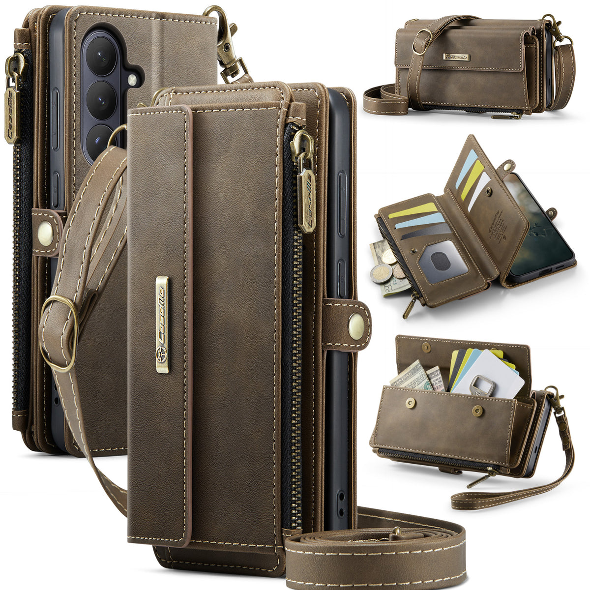 CASEME For Samsung Galaxy S26 Case C39 RFID Blocking Zipper Wallet Stand Leather Cover with Strap