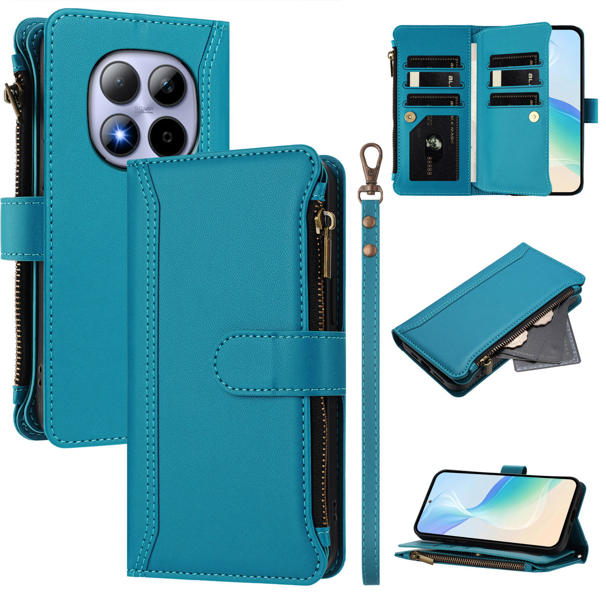 For Xiaomi Redmi Note 15 Pro 4G (Global) Leather Case 9 Card Slots Zipper Wallet Stand Phone Cover with Wrist Strap