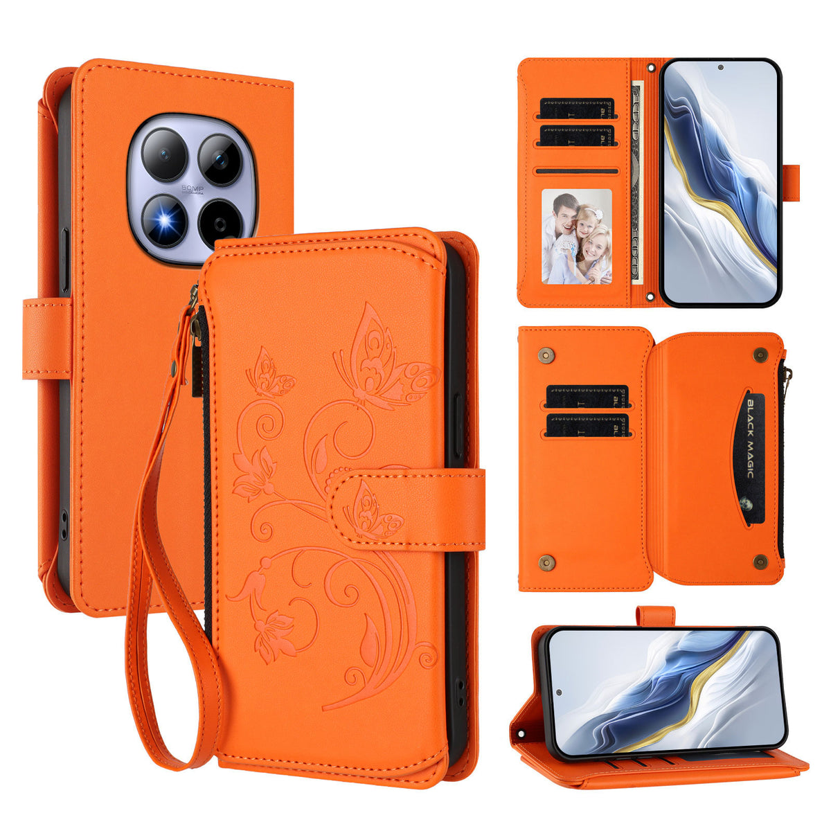 For Xiaomi Redmi Note 15 Pro 4G (Global) Leather Case Butterfly Floral Imprint Zipper Wallet Stand Cover with Wrist Strap