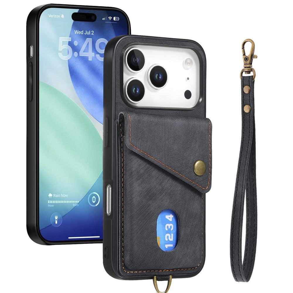 iPhone 17 Pro Max Läderskal med Korthållare & Ställ - Svart