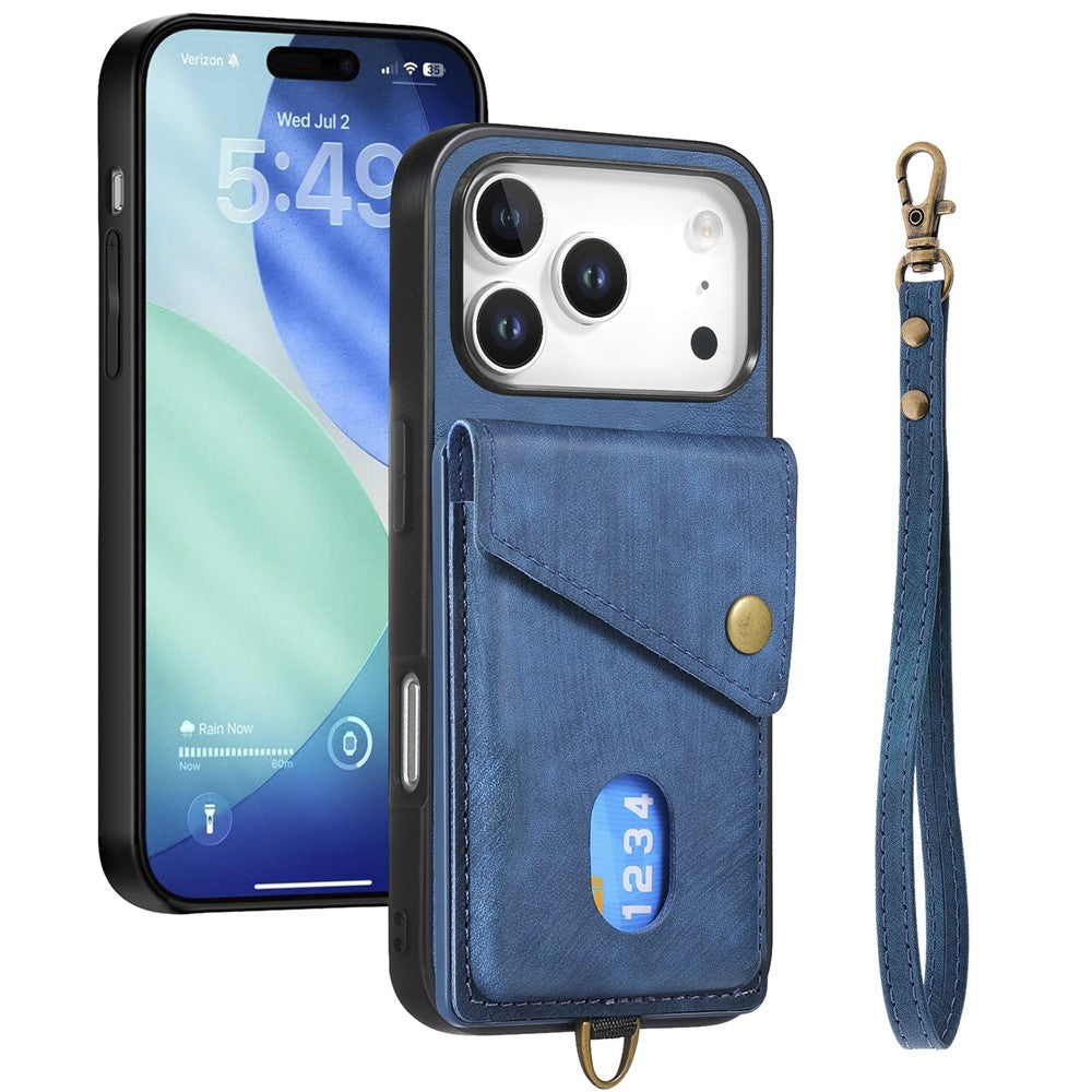 iPhone 17 Pro Max Läderskal med Korthållare & Ställ - Blå