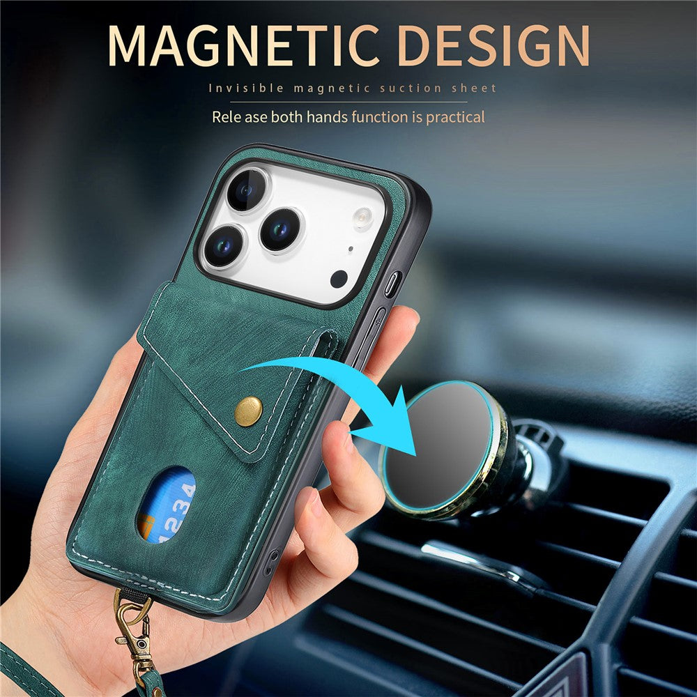 iPhone 17 Pro Max Läderskal med Korthållare & Ställ - Grön