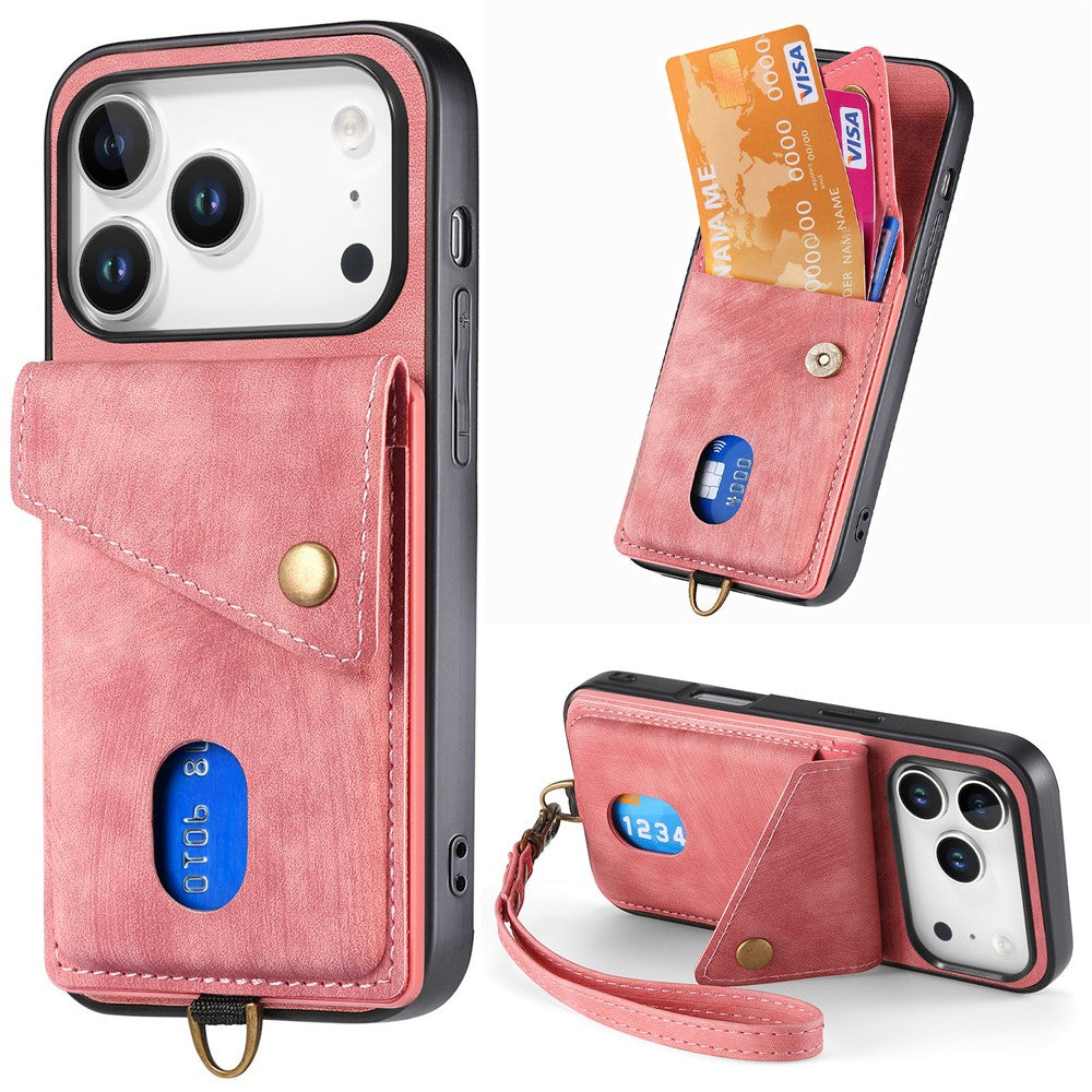 iPhone 17 Pro Max Läderskal med Korthållare & Ställ - Rosa