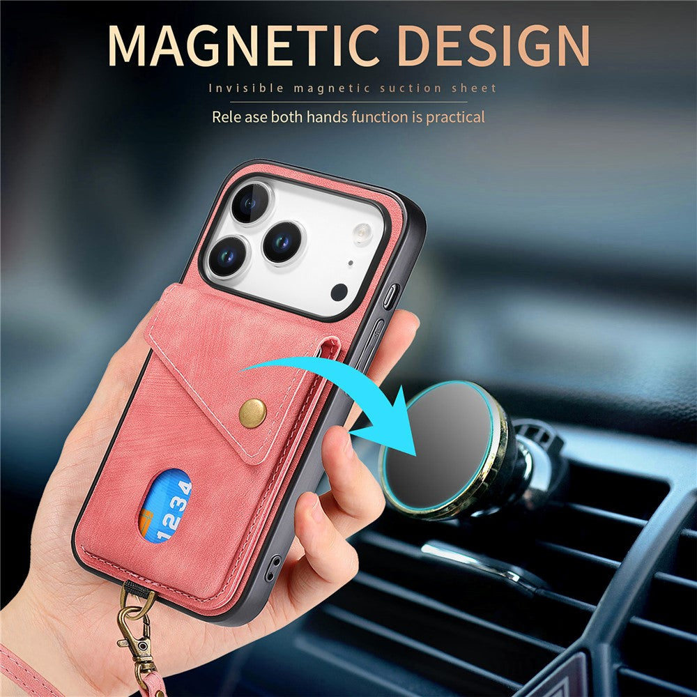 iPhone 17 Pro Max Läderskal med Korthållare & Ställ - Rosa