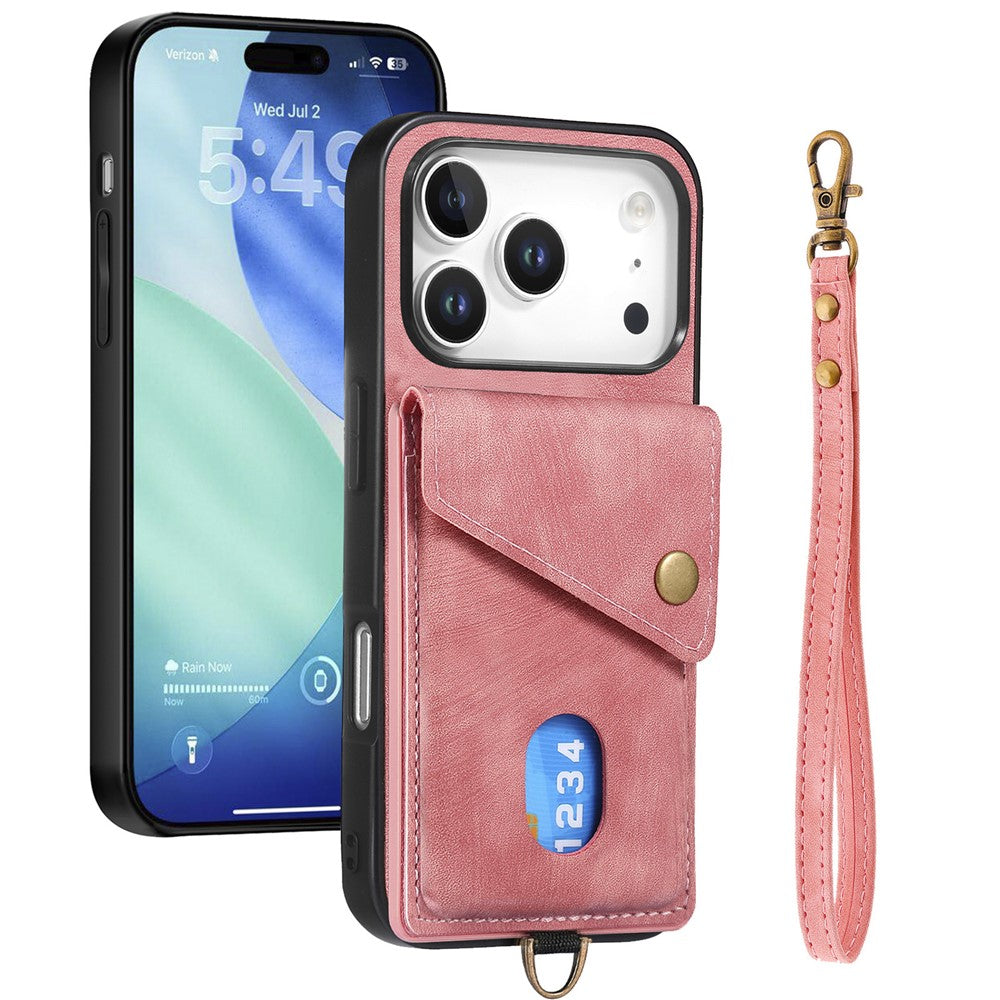 iPhone 17 Pro Max Läderskal med Korthållare & Ställ - Rosa