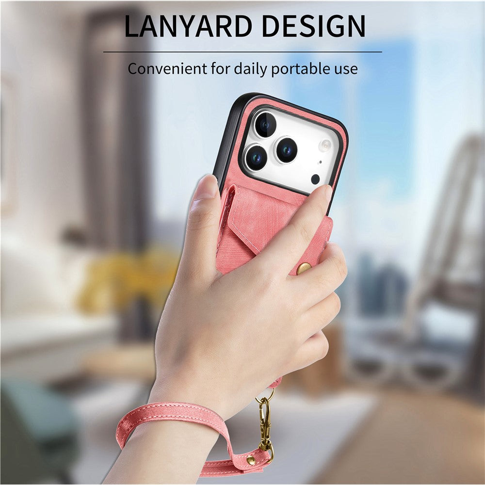 iPhone 17 Pro Max Läderskal med Korthållare & Ställ - Rosa