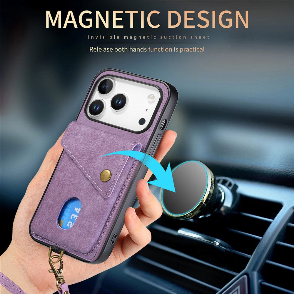 iPhone 17 Pro Max Läderskal med Korthållare & Ställ - Lila