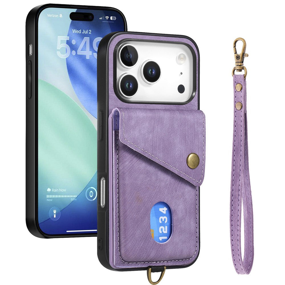 iPhone 17 Pro Max Läderskal med Korthållare & Ställ - Lila