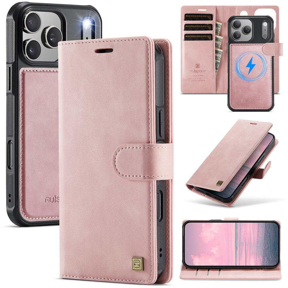 AUTSPACE A05 Til iPhone 17 Pro coverpung, stativ, aftageligt læder magnetisk telefoncover