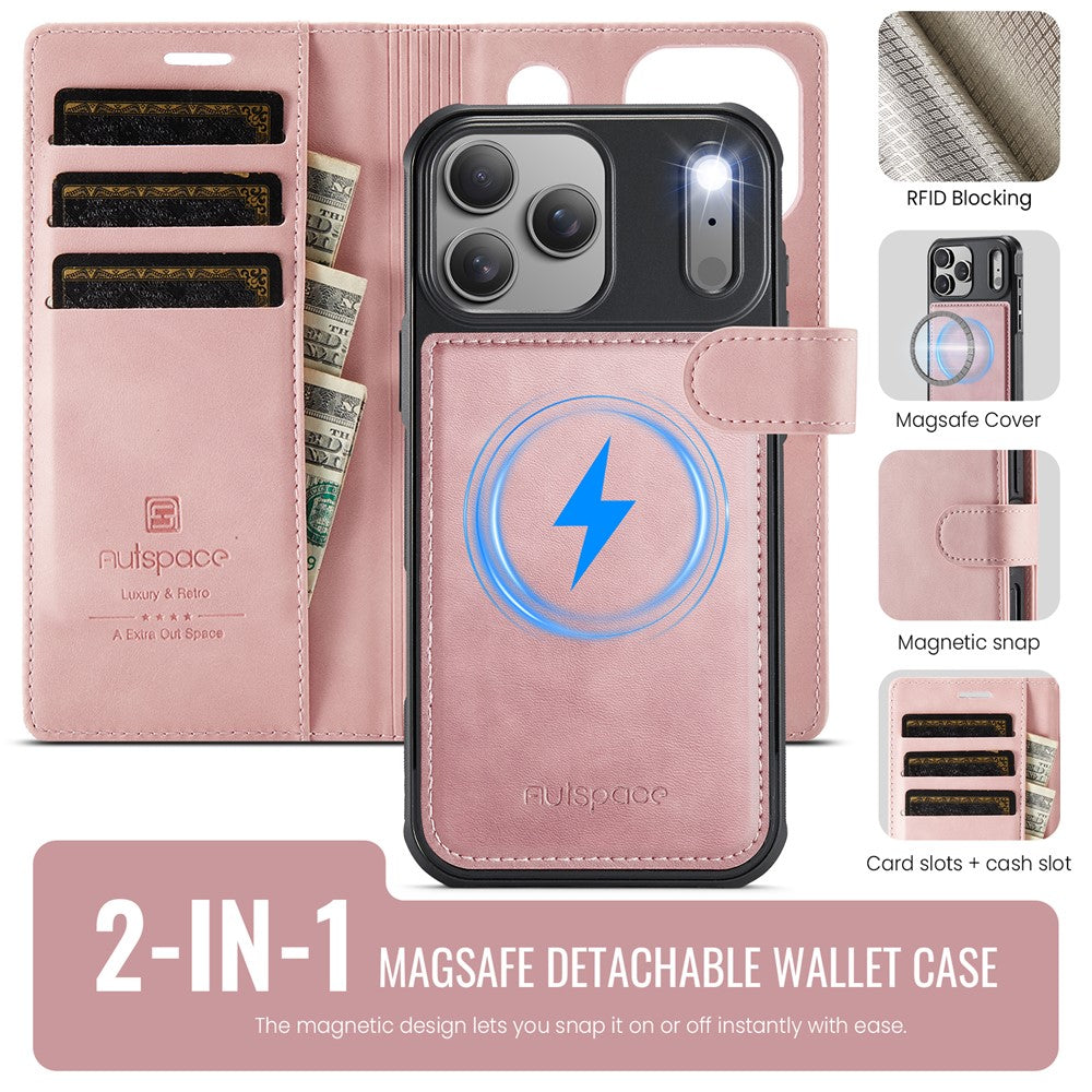AUTSPACE A05 Til iPhone 17 Pro coverpung, stativ, aftageligt læder magnetisk telefoncover