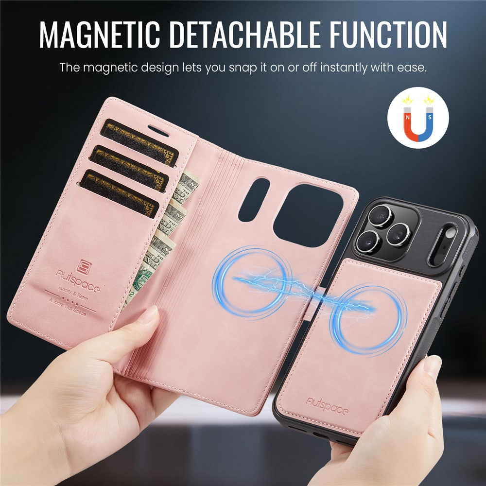 AUTSPACE A05 Til iPhone 17 Pro coverpung, stativ, aftageligt læder magnetisk telefoncover