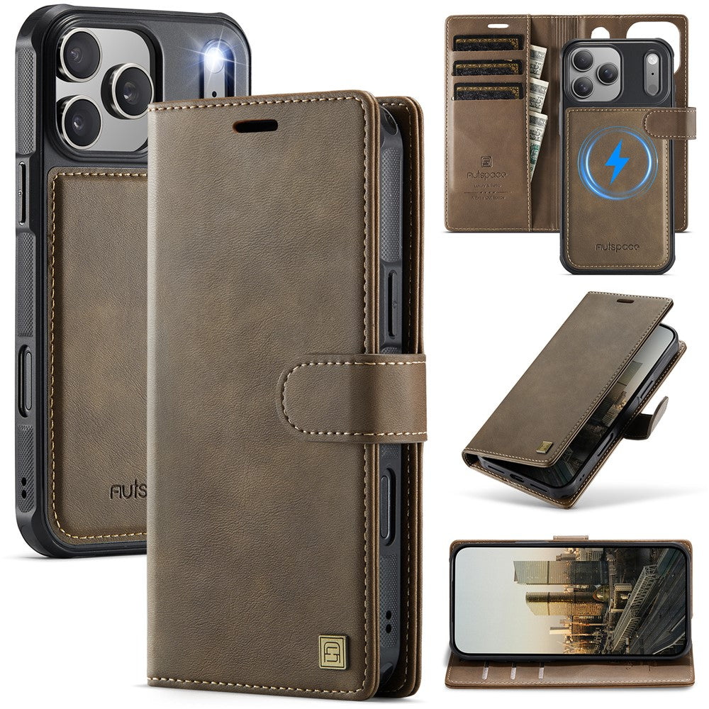AUTSPACE A05 Til iPhone 17 Pro coverpung, stativ, aftageligt læder magnetisk telefoncover