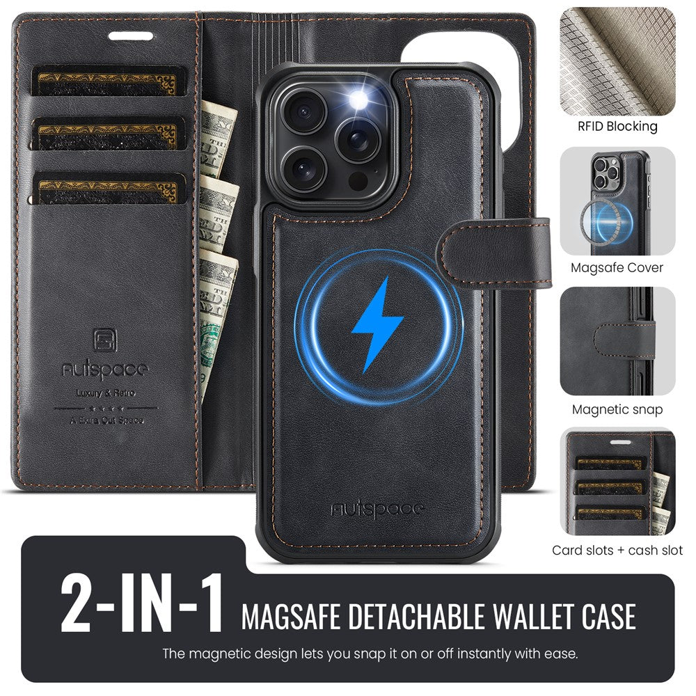 AUTSPACE A05 For iPhone 16 Pro Case Wallet Stand Detachable Leather Magnetic Phone Cover