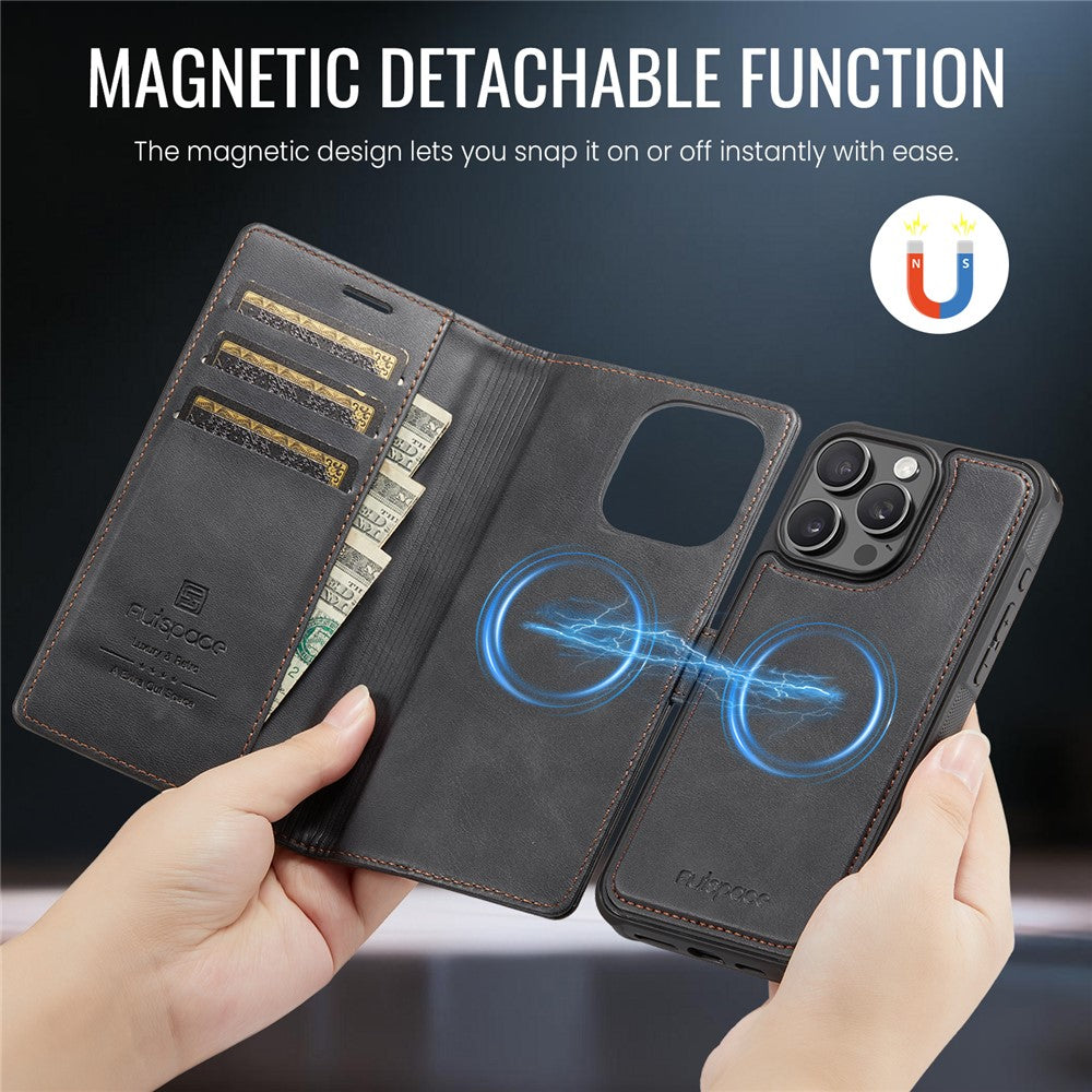 AUTSPACE A05 For iPhone 16 Pro Case Wallet Stand Detachable Leather Magnetic Phone Cover