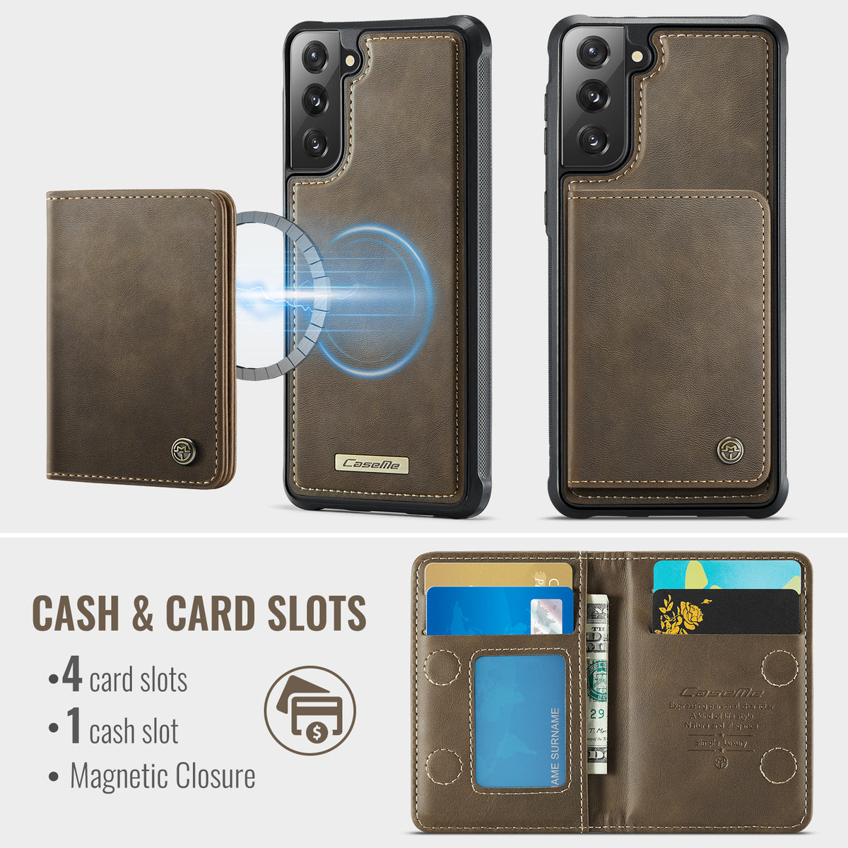 CASEME För Samsung Galaxy S21 5G / Galaxy S21 4G Magnetiskt Skal ME80-serien Läder PC TPU mobilskal med Avtagbar Plånbok