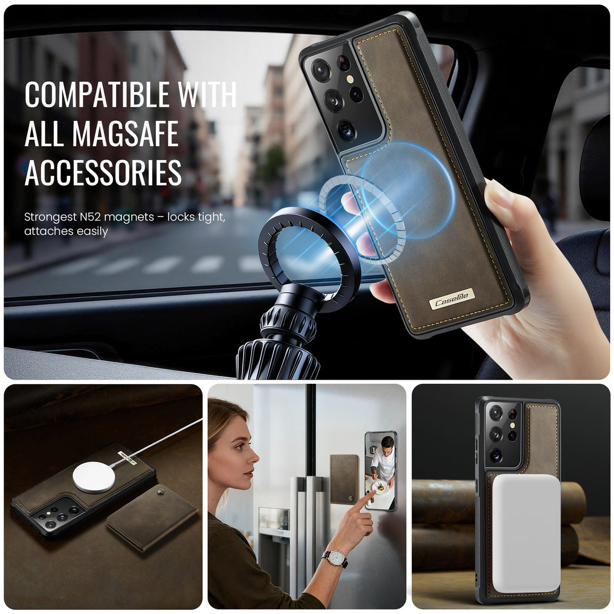 CASEME För Samsung Galaxy S21 Ultra 5G Magnetiskt Skal ME80-serien Läder PC TPU mobilskal med Avtagbar Plånbok