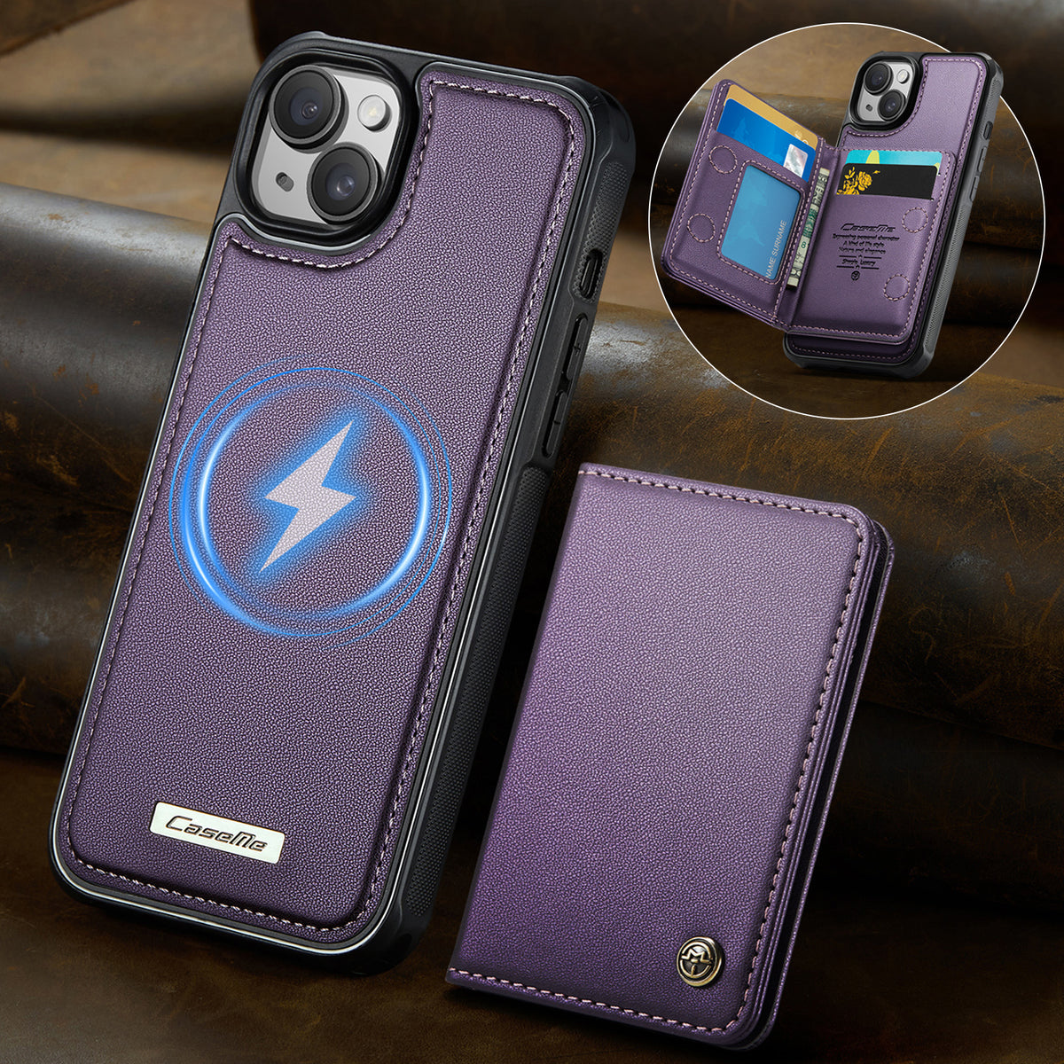 CASEME magnetisk cover til iPhone 15, ME80-serien, læder-PC-TPU-mobilcover med aftagelig pung