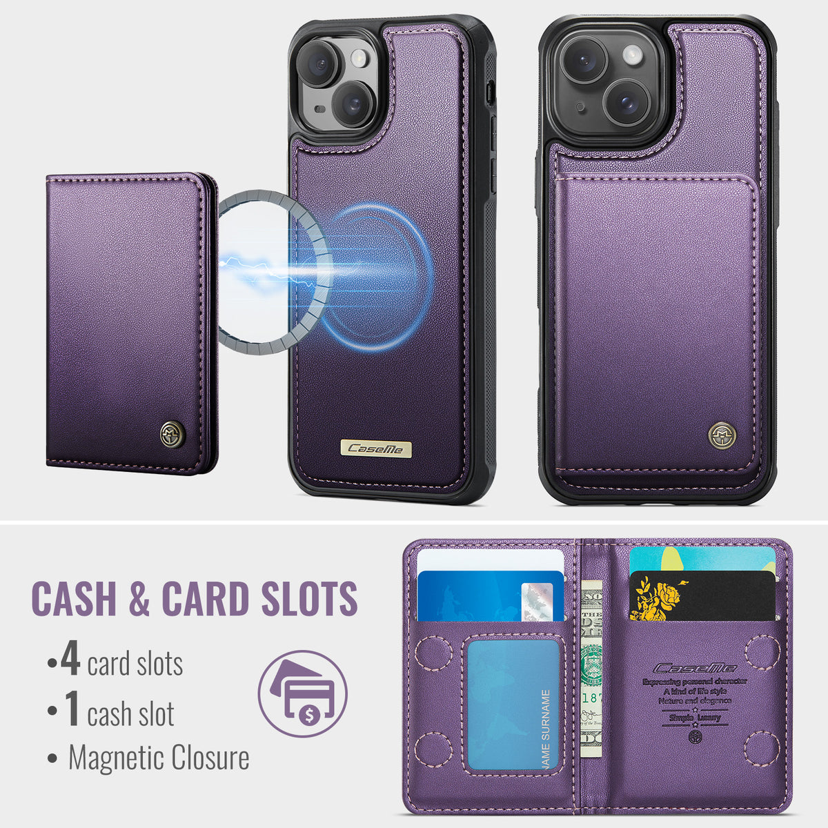 CASEME magnetisk cover til iPhone 15, ME80-serien, læder-PC-TPU-mobilcover med aftagelig pung