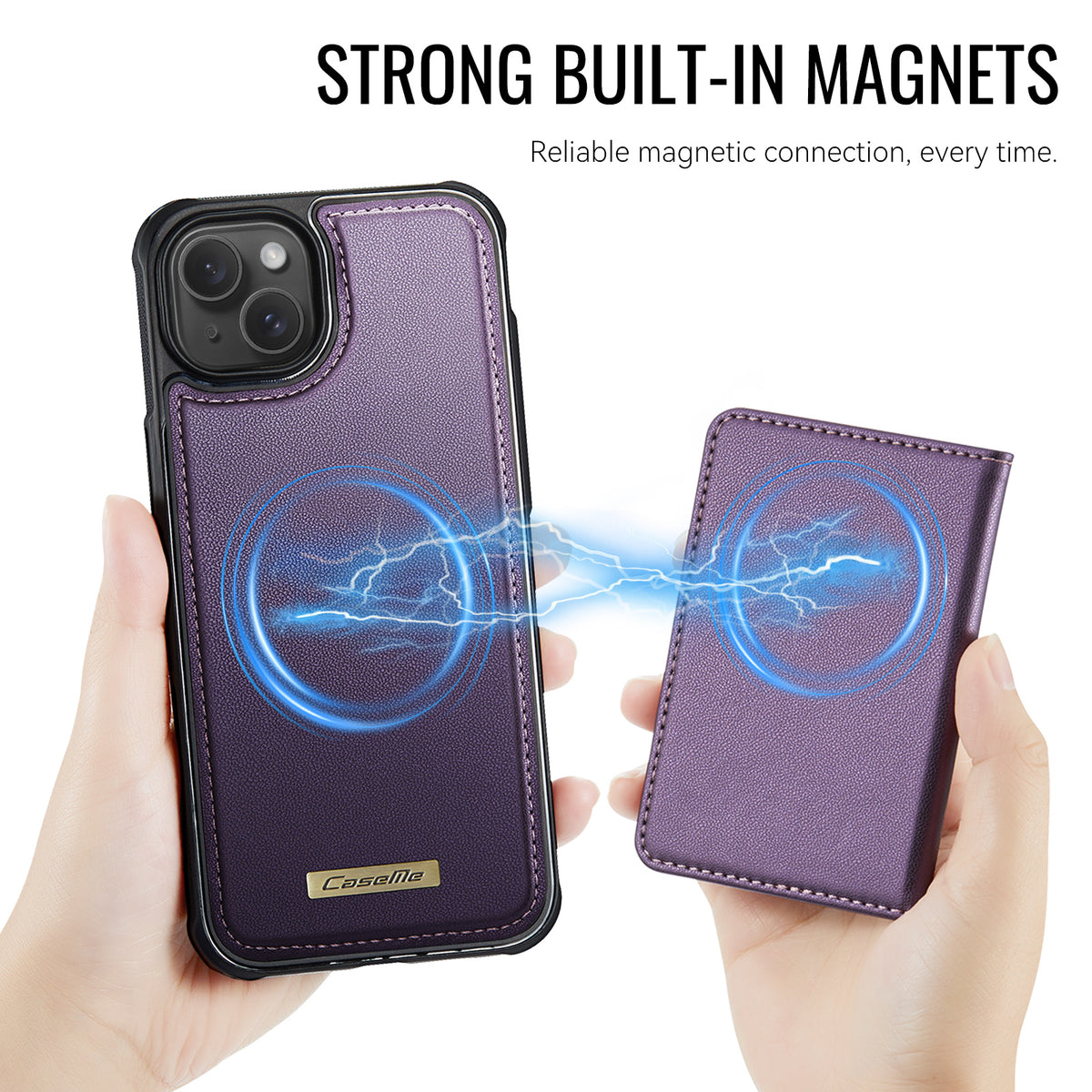 CASEME magnetisk cover til iPhone 15, ME80-serien, læder-PC-TPU-mobilcover med aftagelig pung