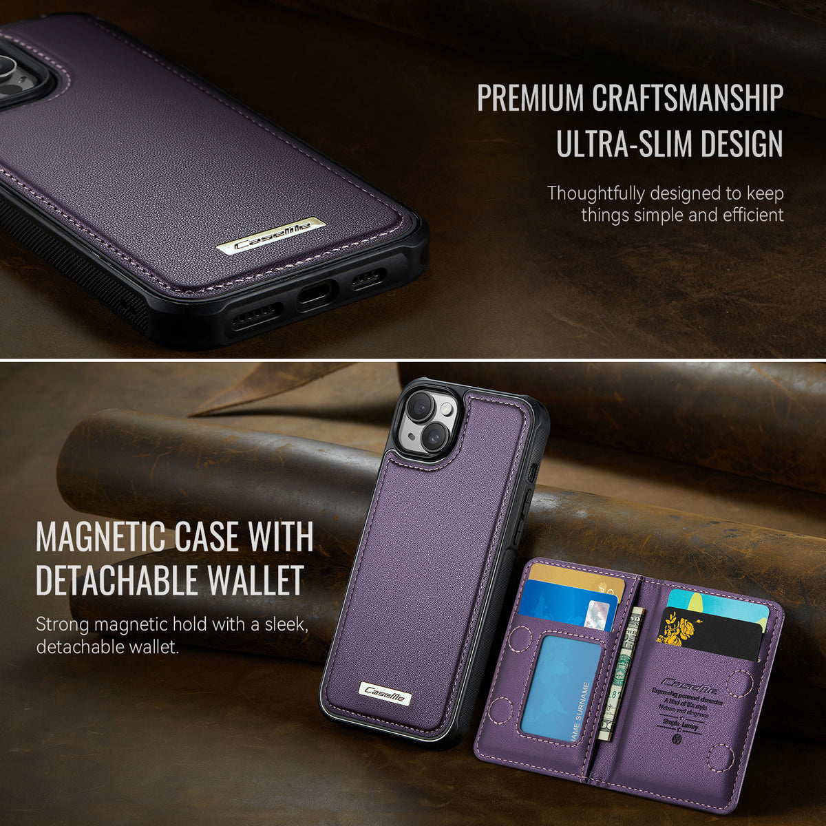 CASEME magnetisk cover til iPhone 15, ME80-serien, læder-PC-TPU-mobilcover med aftagelig pung
