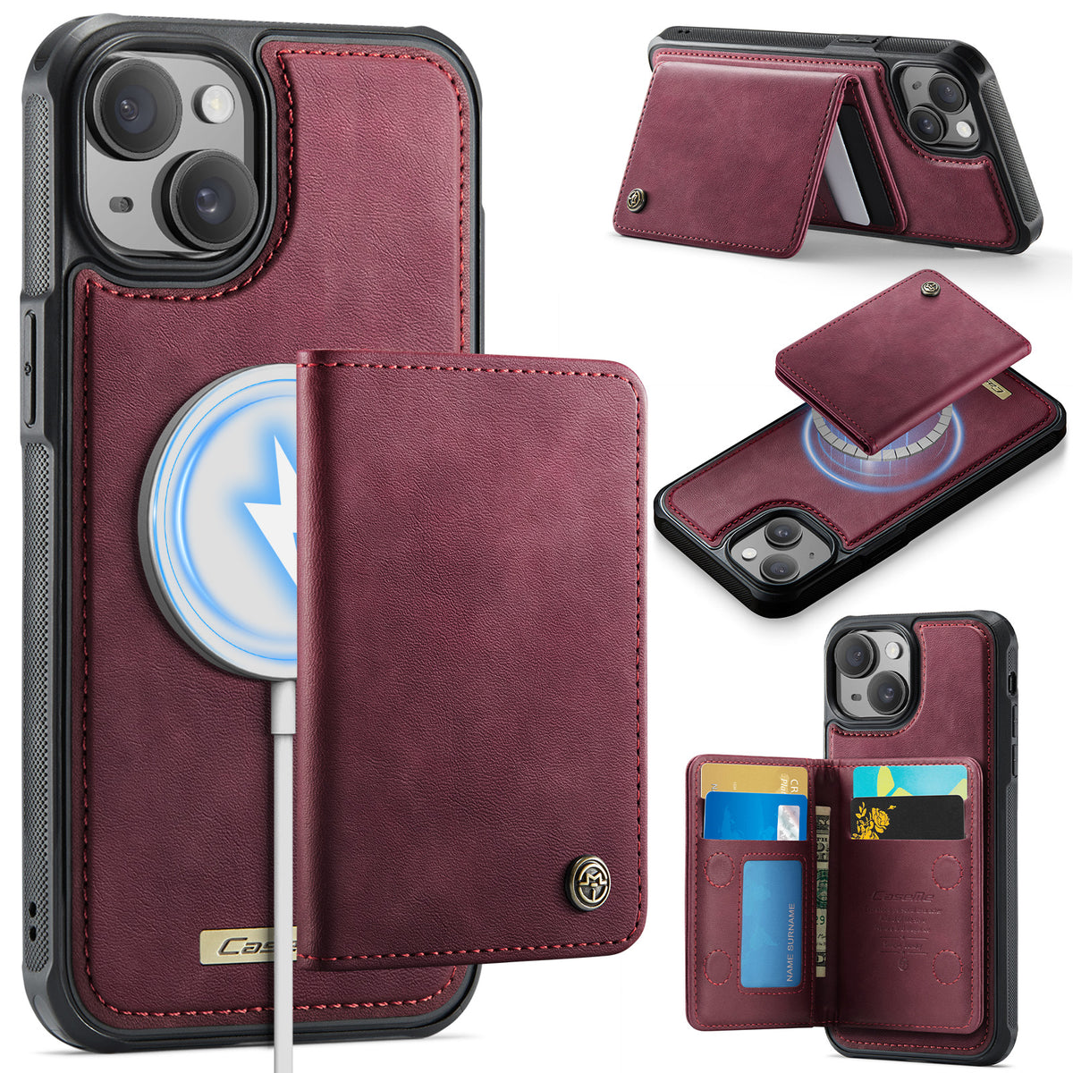 CASEME magnetisk cover til iPhone 15, ME80-serien, læder-PC-TPU-mobilcover med aftagelig pung
