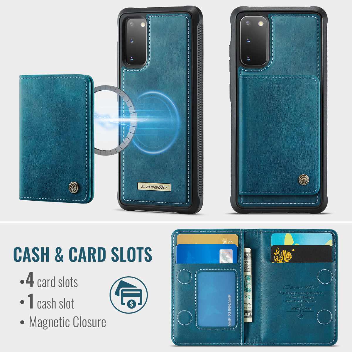 CASEME För Samsung Galaxy S20 4G / Galaxy S20 5G Magnetiskt Skal ME80-serien Läder PC TPU mobilskal med Avtagbar Plånbok