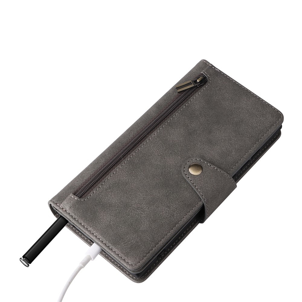 Samsung Galaxy S26 Ultra-cover med lynlås, tegnebog, nittedekoration, læder-mobilcover med håndledsrem