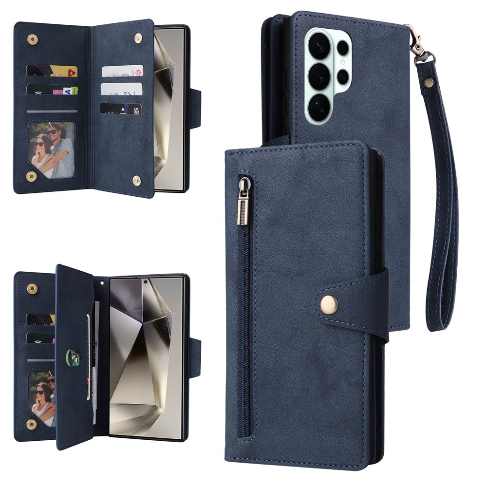 Til Samsung Galaxy S26 Ultra Etui Lynlås Pung Nitte Dekor Læder Telefoncover med Håndrem