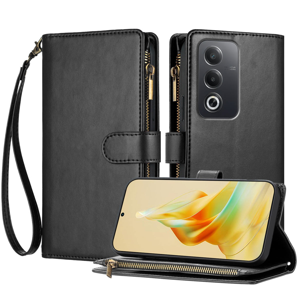 For Oppo A5 4G / Oppo A3 Pro (Global) 5G / Oppo A3 Pro (India) 5G / Oppo A80 5G / Oppo A6i / Oppo K12x 5G (Global) / Oppo A5 5G Leather Case Zipper Wallet Stand Shockproof Phone Cover with Wrist Strap