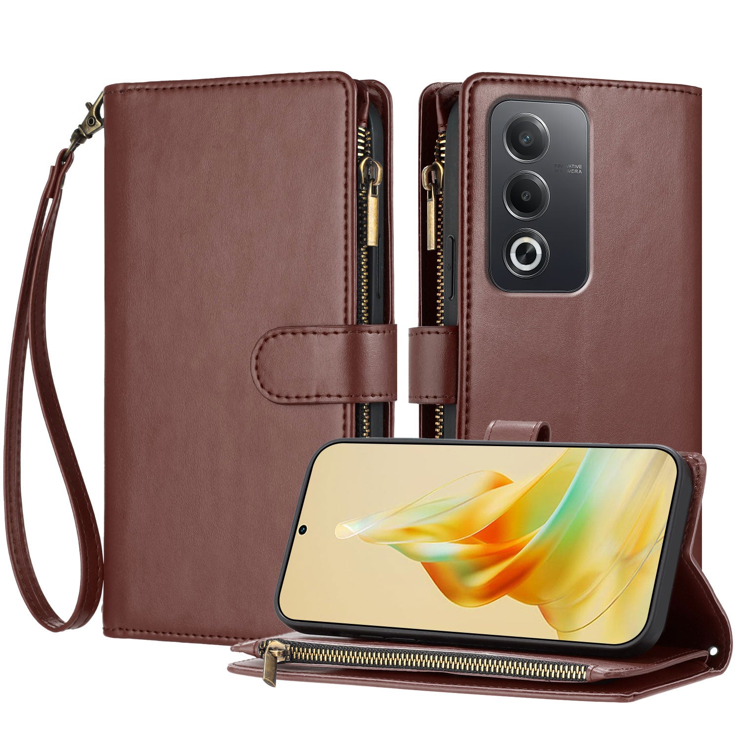 Oppo A5 4G / Oppo A3 Pro (Global) 5G / Oppo A3 Pro (Indien) 5G / Oppo A80 5G / Oppo A6i / Oppo K12x 5G (Global) / Oppo A5 5G Läderfodral Dragkedja Plånbok Stativ Stötsäkert mobilfodral med Handledsrem