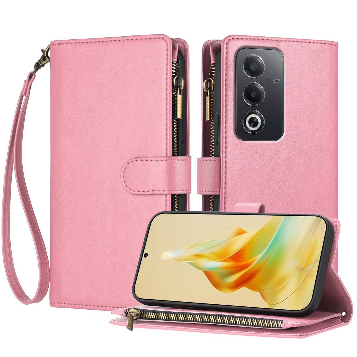 For Oppo A5 4G / Oppo A3 Pro (Global) 5G / Oppo A3 Pro (India) 5G / Oppo A80 5G / Oppo A6i / Oppo K12x 5G (Global) / Oppo A5 5G Leather Case Zipper Wallet Stand Shockproof Phone Cover with Wrist Strap
