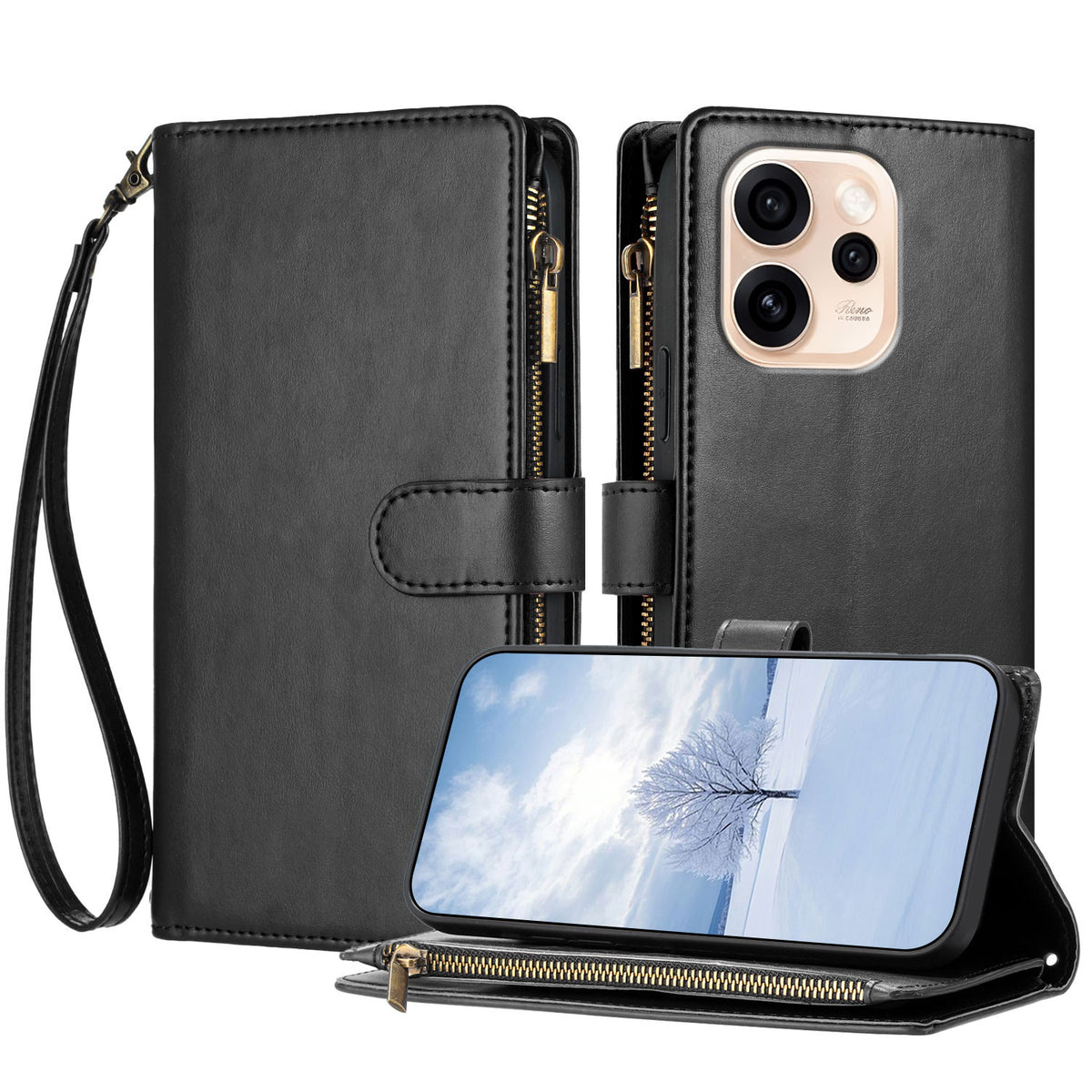 For Oppo Reno15 Pro Max 5G (Global) Leather Case Zipper Wallet Stand Shockproof Phone Cover with Wrist Strap