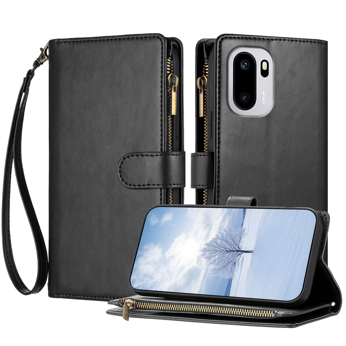 OnePlus 15R 5G Läderfodral Dragkedja Plånboksfodral Stötsäkert mobilfodral med Handledsrem